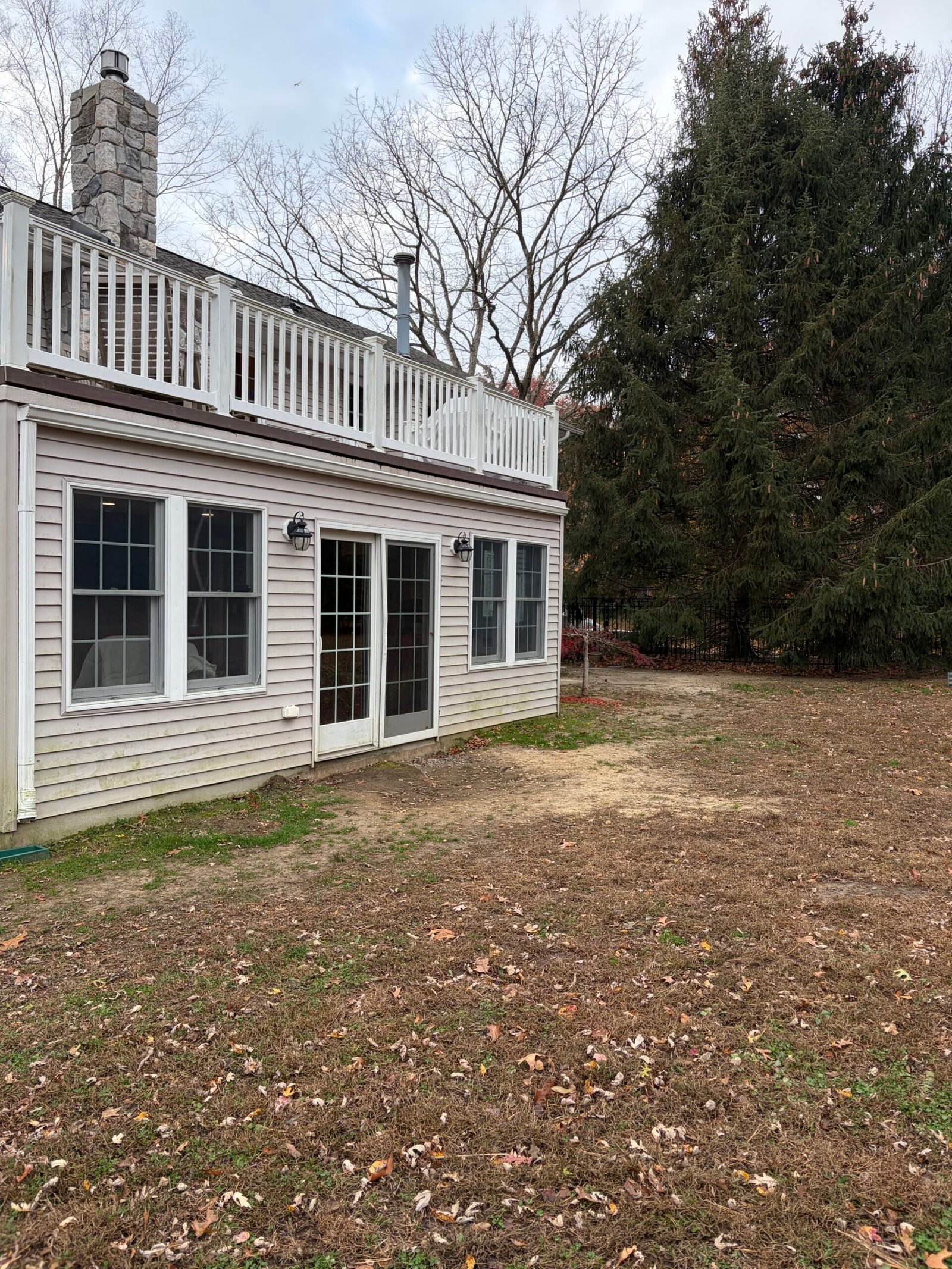 Before: the yard along the rear wall, viewed toward the side stairs.