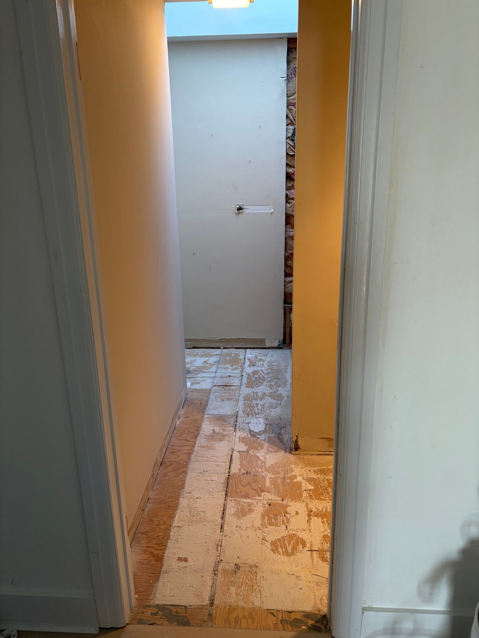 The original floor tile removed from the passage to expose the subfloor.