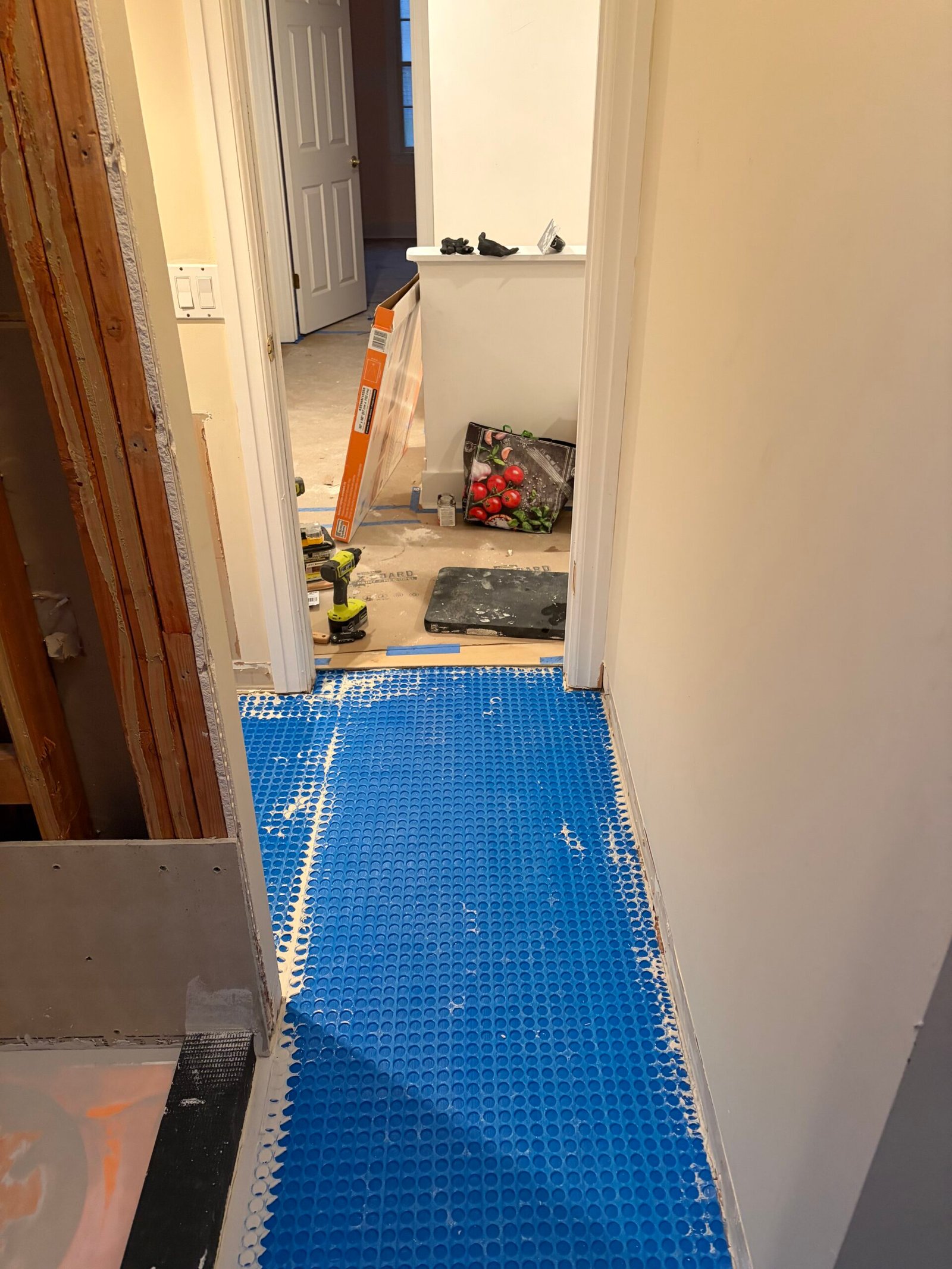 Floor underlayment continuing along the bathroom passage.