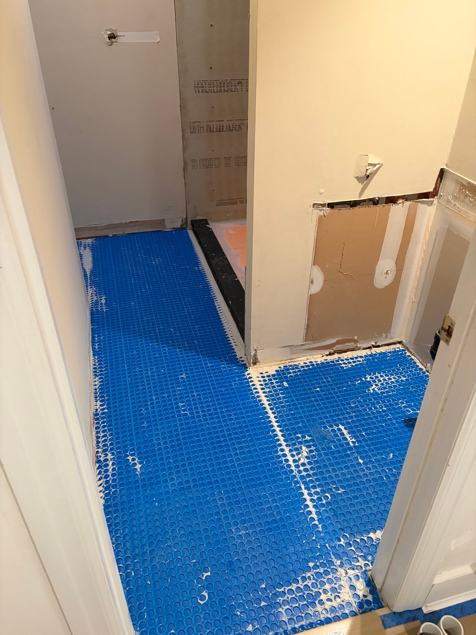 The bathroom floor underlayment and transition to the shower curb.