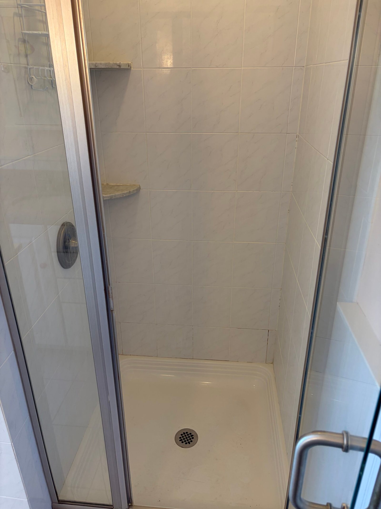 Before: the existing enclosed shower and white shower base.