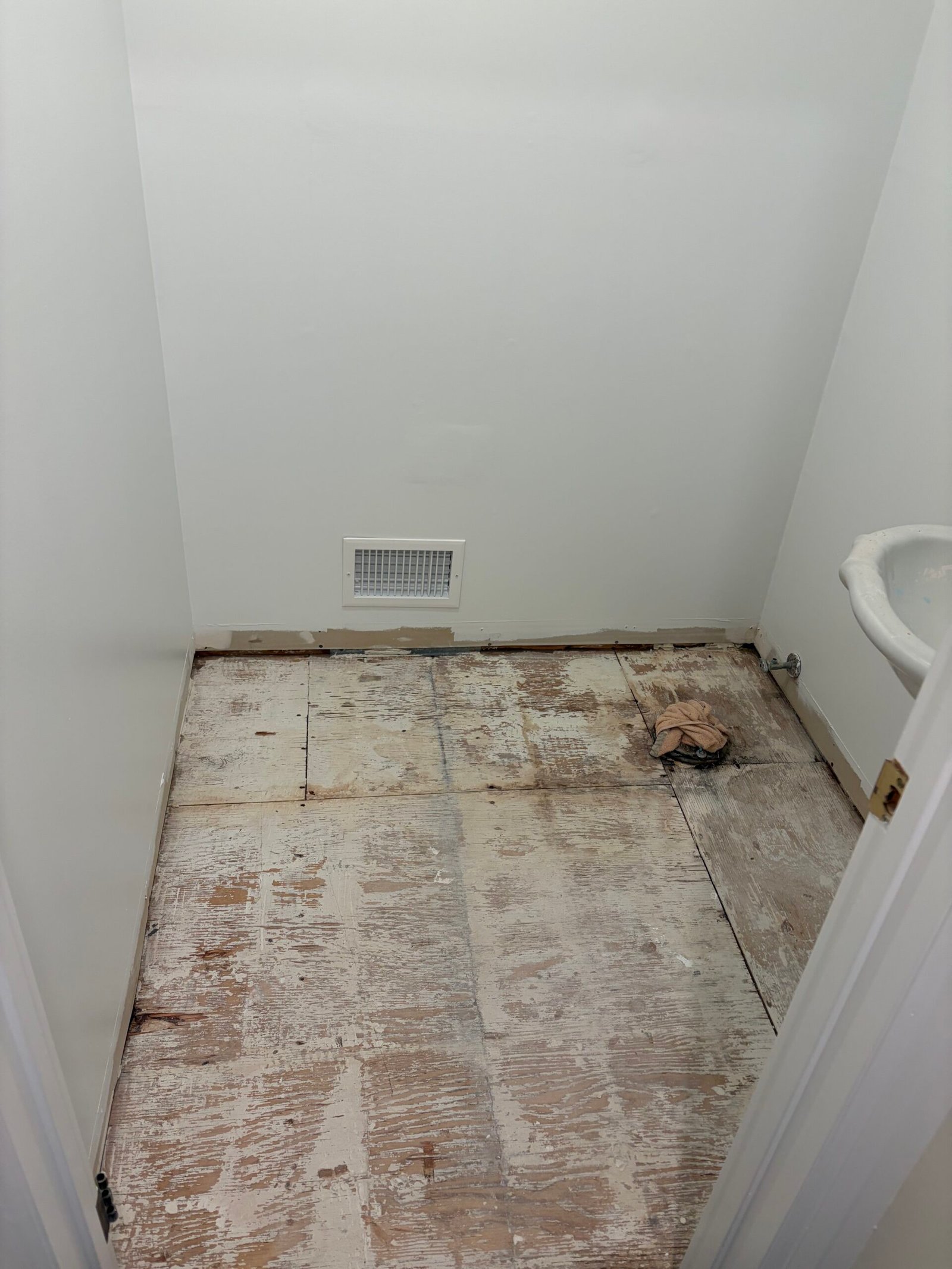 Before the new finishes: the exposed subfloor and toilet drain after the old floor covering and toilet were removed.