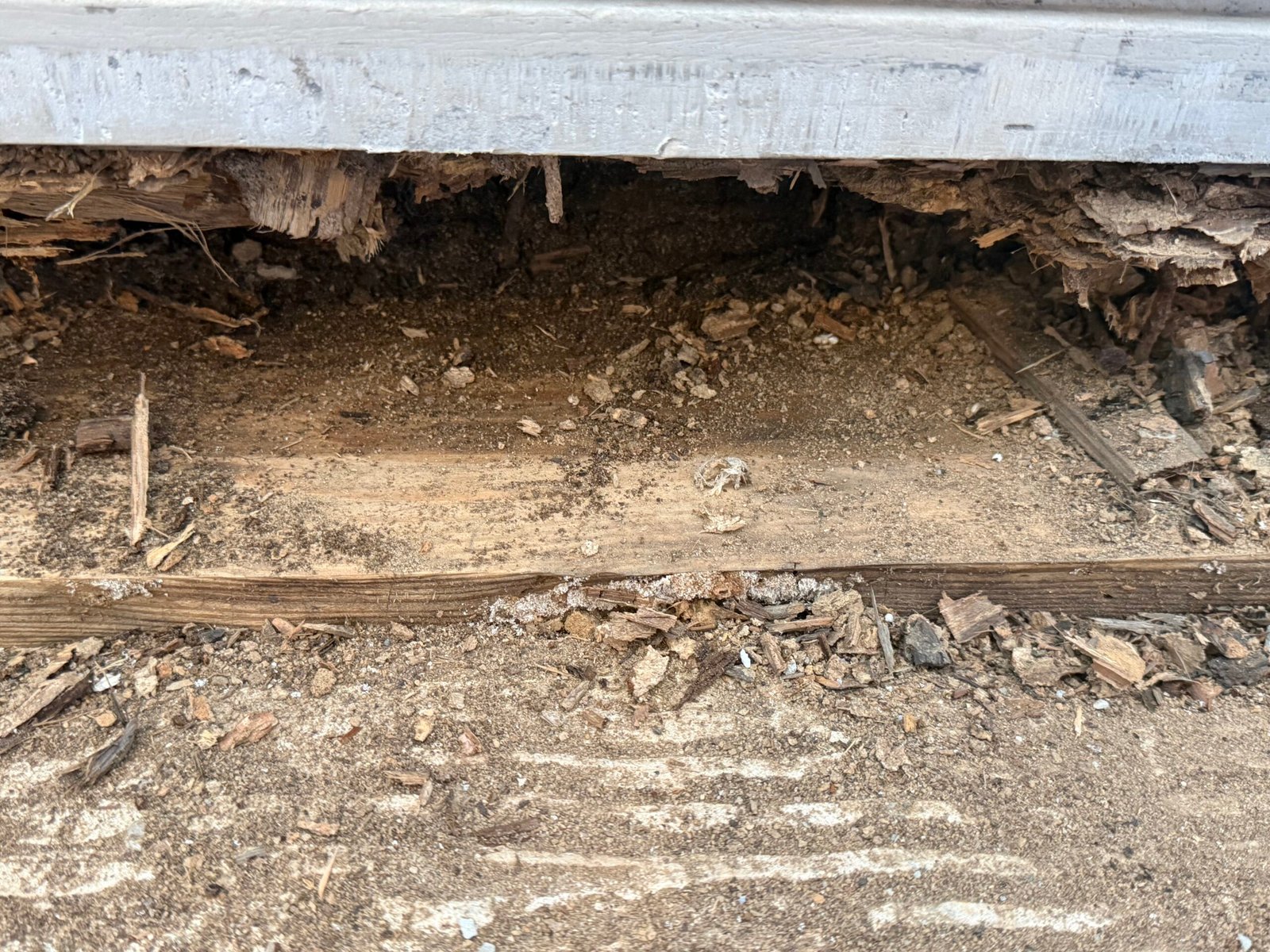 A close view of the deteriorated material exposed along the front-door threshold.