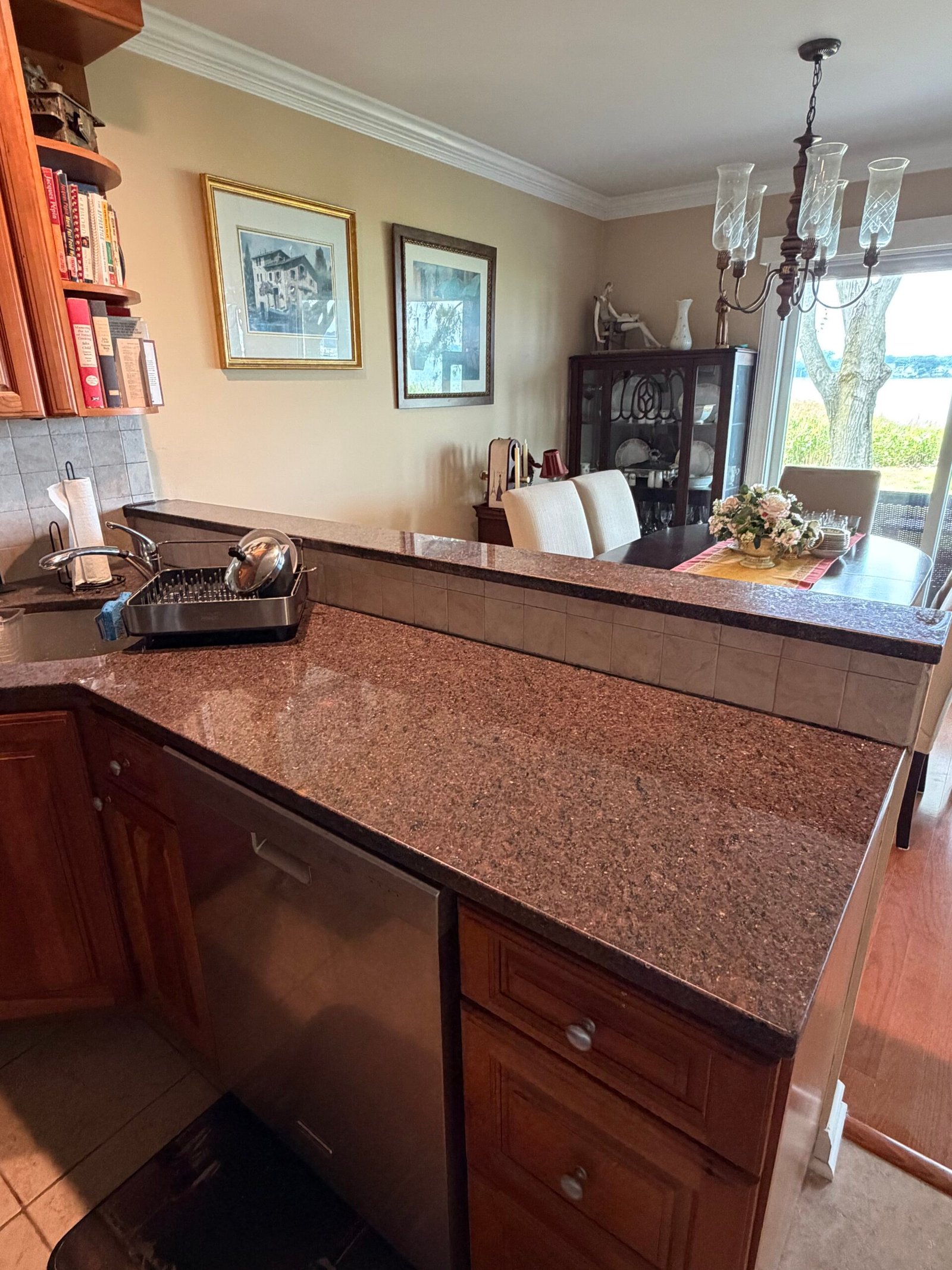 The completed peninsula viewed from the kitchen toward the dining room.