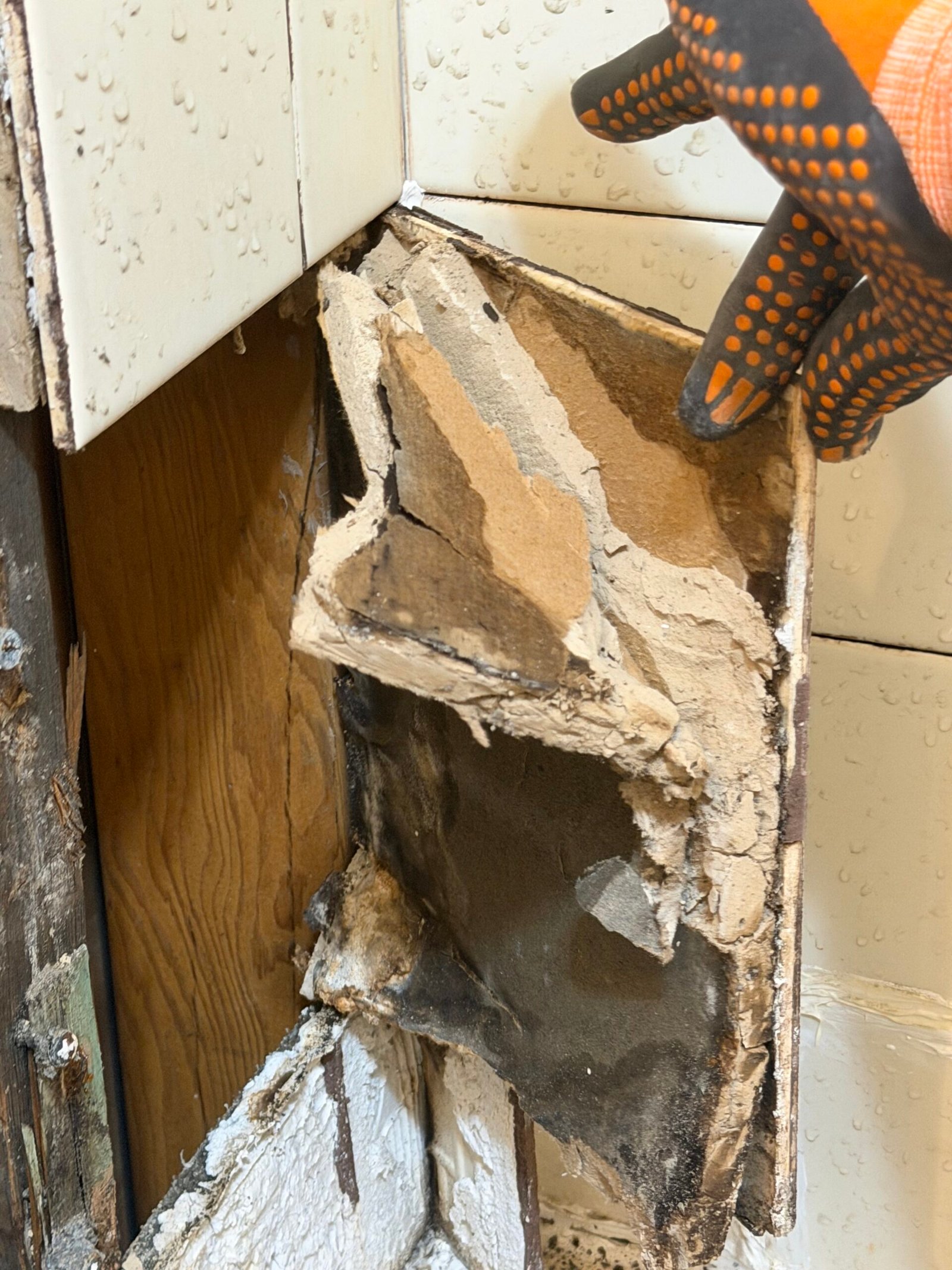A close view of the old tile and backing during removal.