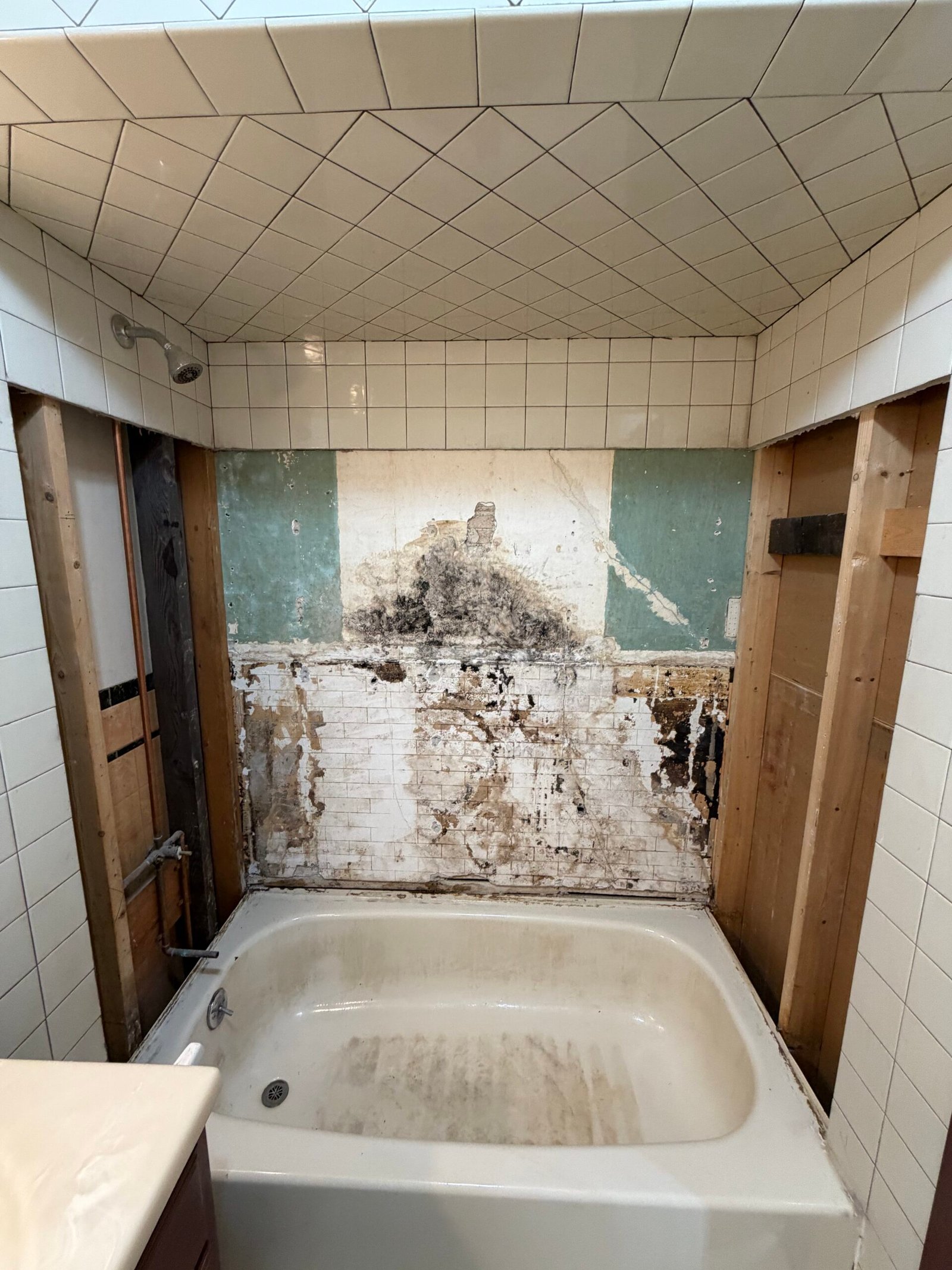 The tub surround after removal, before the next surface-preparation stage.