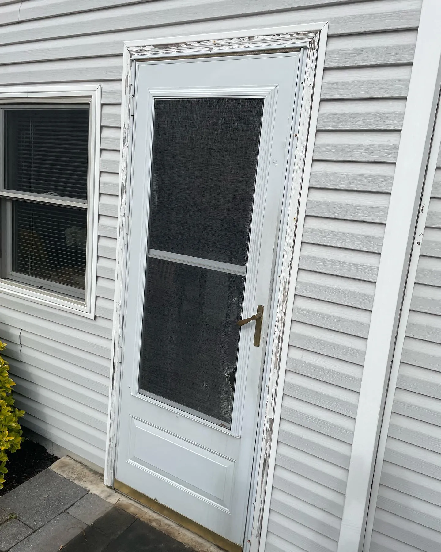 Before: the original storm door and worn exterior molding at the light-sided entrance.